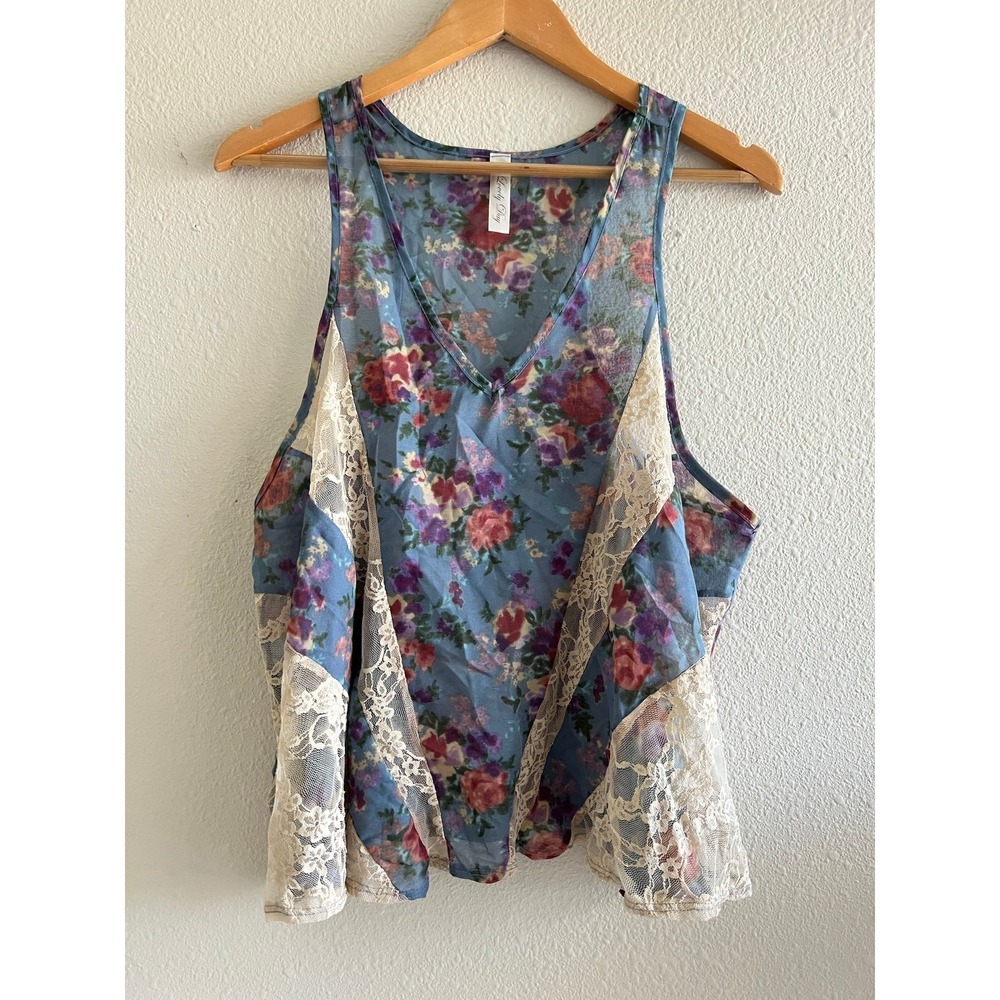 Lovely Day Floral Laced Tank Top Medium Cottagecore Boho Festival Fairy Flowy